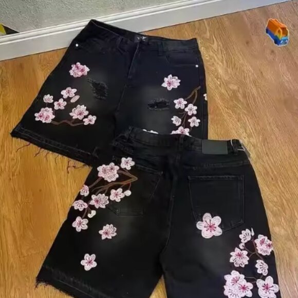 Y2k Cherry Blossom Embroidered Denim Shorts - Picture 4 of 4